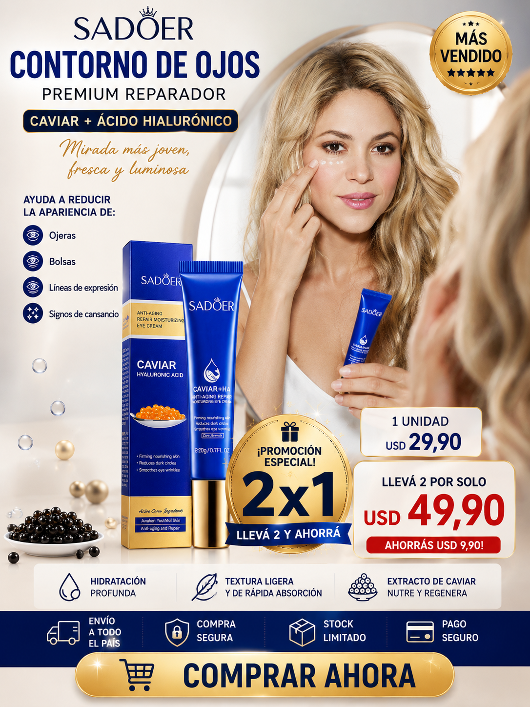 Crema Contorno de Ojos SADOER con Caviar y Ácido Hialurónico 20g