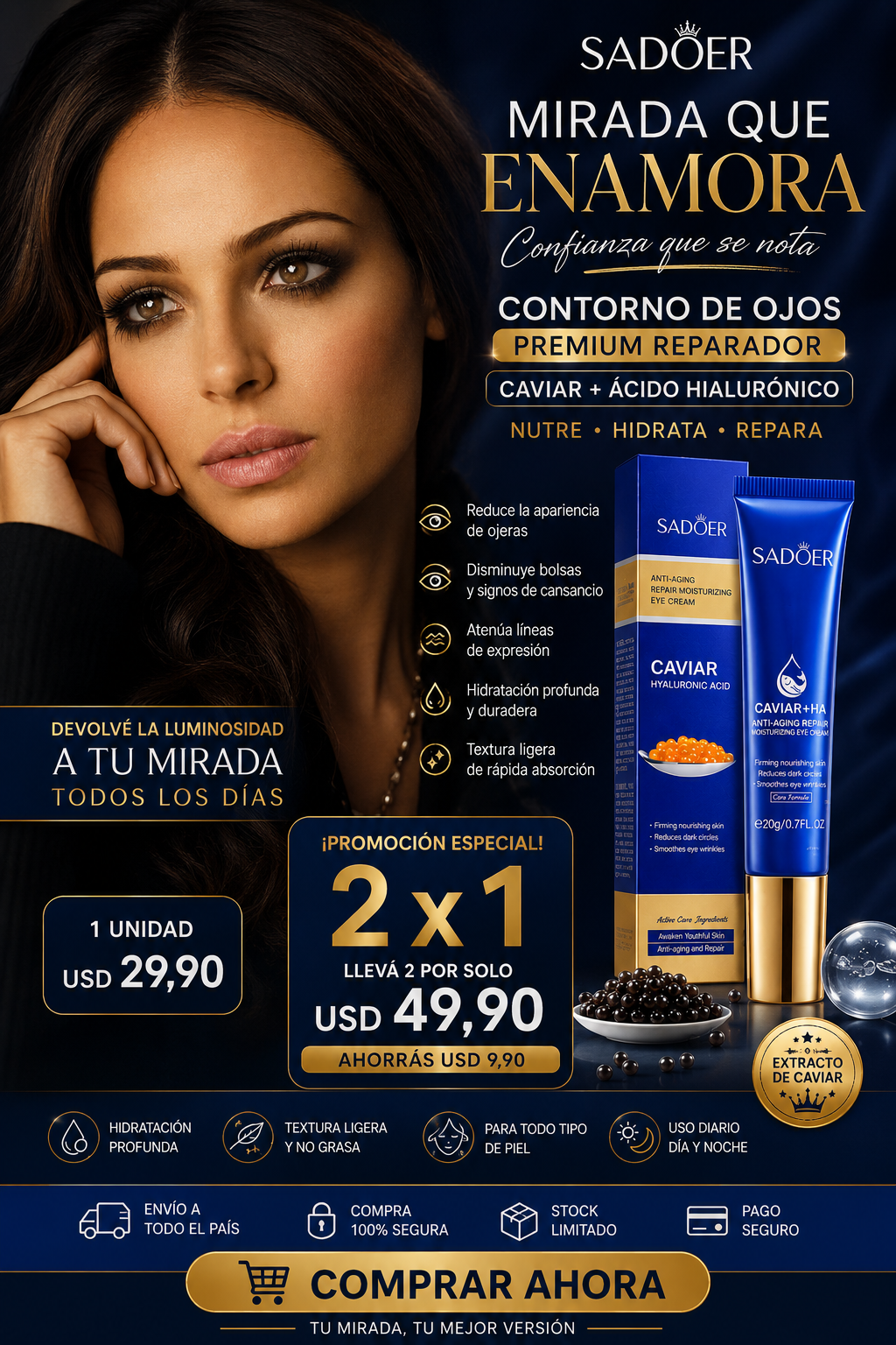 Crema Contorno de Ojos SADOER con Caviar y Ácido Hialurónico 20g