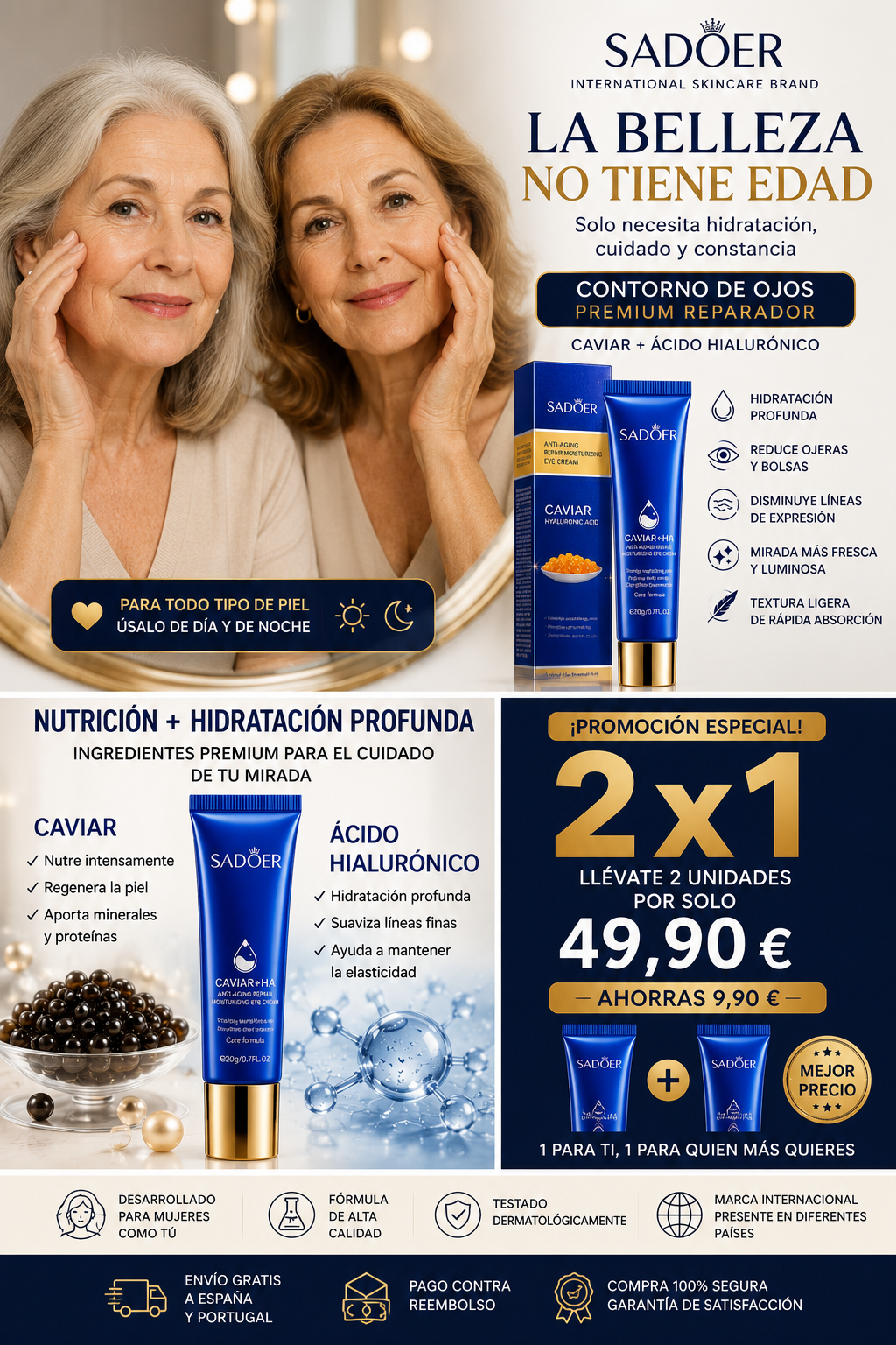 Crema Contorno de Ojos SADOER con Caviar y Ácido Hialurónico 20g