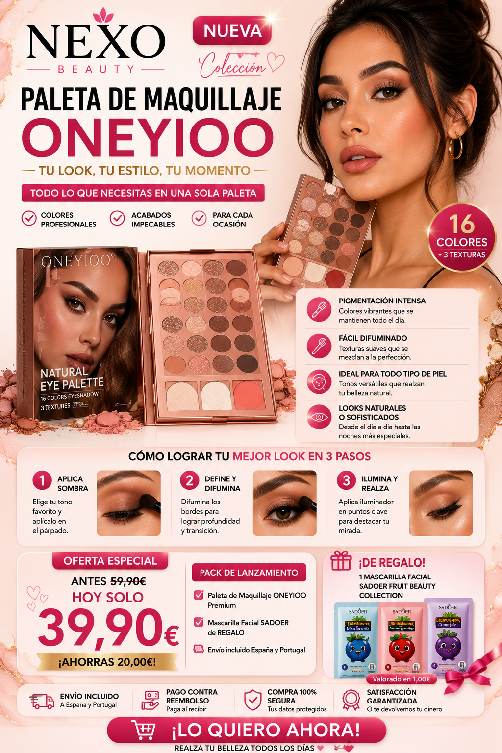 Paleta de Maquillaje ONEYIOO Premium - NEXO Beauty | 16 Colores + 3 Texturas